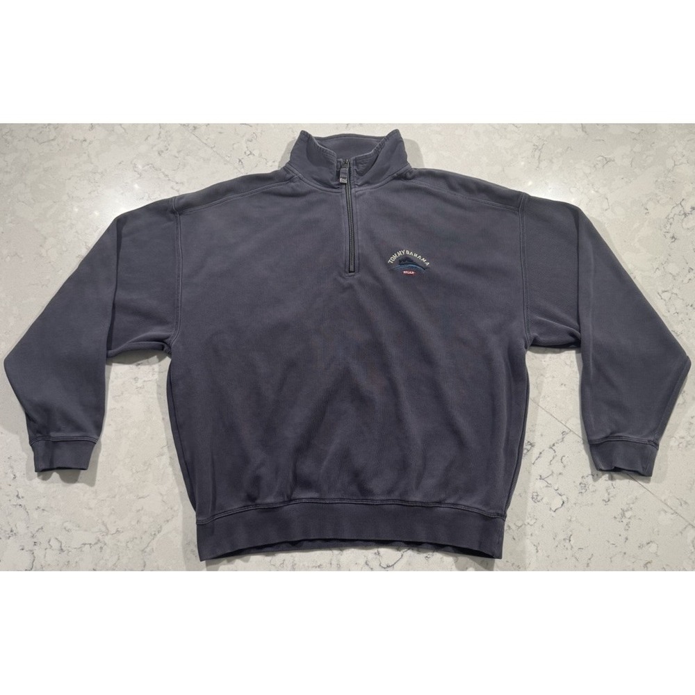 VTG Tommy Bahama Relax Quarter Zip Sweatshirt Mens XL Blue Cotton Logo Pullover